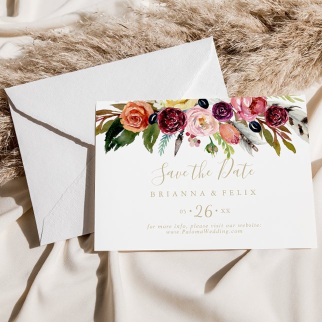 Gold Boho Floral Horizontal Wedding Save The Date (Creator Uploaded)