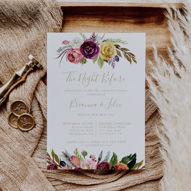 Gold Boho Floral Night Before Rehearsal Dinner   Invitation (Creator Uploaded)