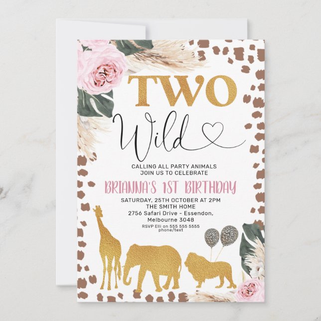 Gold Boho Floral Safari Two Wild 2nd Birthday Invitation (Front)