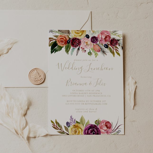 Gold Boho Floral Wedding Luncheon Bridal Shower  Invitation (Creator Uploaded)