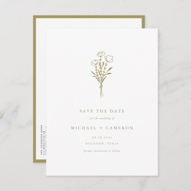 Gold Boho Minimalist Botanical Save the Date Announcement Postcard (Front/Back)