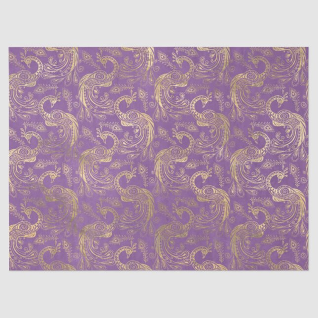 Gold Boho Peacocks on Lavender Decoupage Tissue Paper (Front)