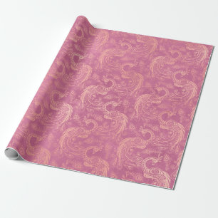 Gold Boho Peacocks on Pink Wrapping Paper