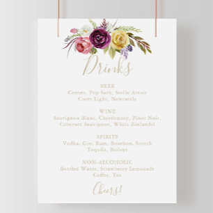 Gold Boho Tropical Floral Wedding Drinks Menu Sign