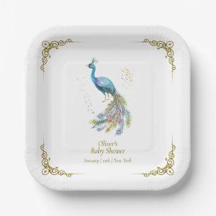 Gold Boho Vintage Elegant Peacock Baby Shower Paper Plate