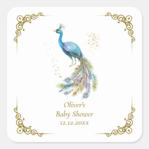 Gold Boho Vintage Elegant Peacock Baby Shower Square Sticker