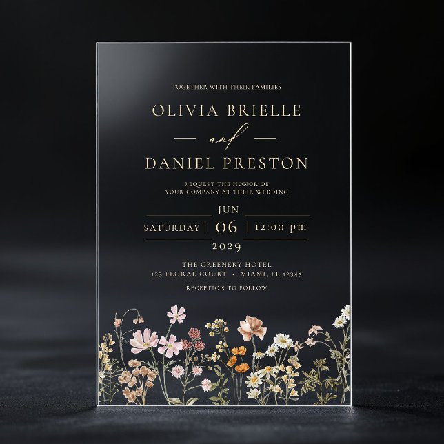 Gold Boho Wildflower Garden Wedding Acrylic Invitations (Creator Uploaded)