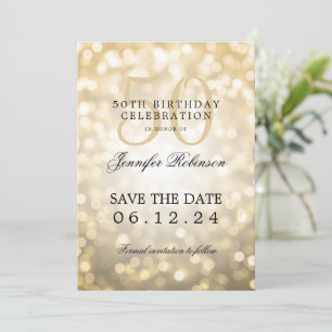 Gold Bokeh 50th Birthday Save the Date w/ Details Invitation