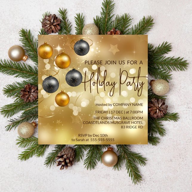 Gold bokeh, black and gold baubles decorations invitation (Christmas holiday party editable template invitation gold theme non religious)