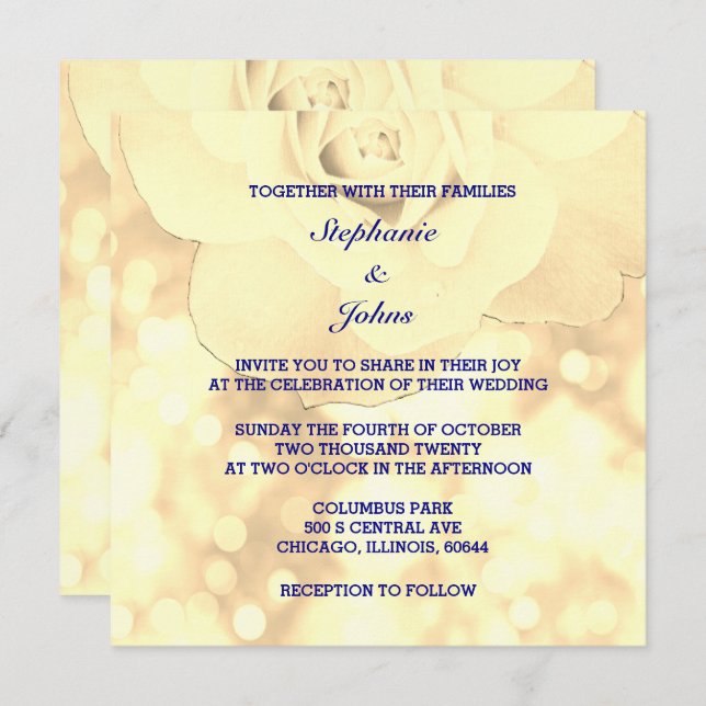 Gold Bokeh Ivory Sepia Floral Glitter Wedding Invitation (Front/Back)