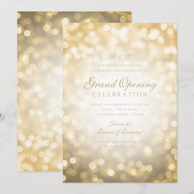 Gold Bokeh Lights Corporate Grand Opening  Invitation (Front/Back)