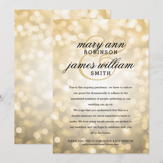 Gold Bokeh Lights Elegant Reduced Wedding Invitation (Front/Back)