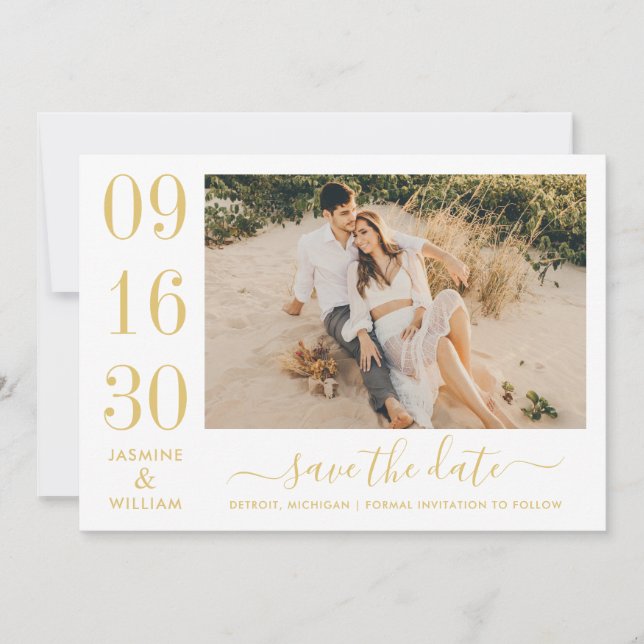 Gold Bold Date Numeral Photo Wedding Save The Date (Front)