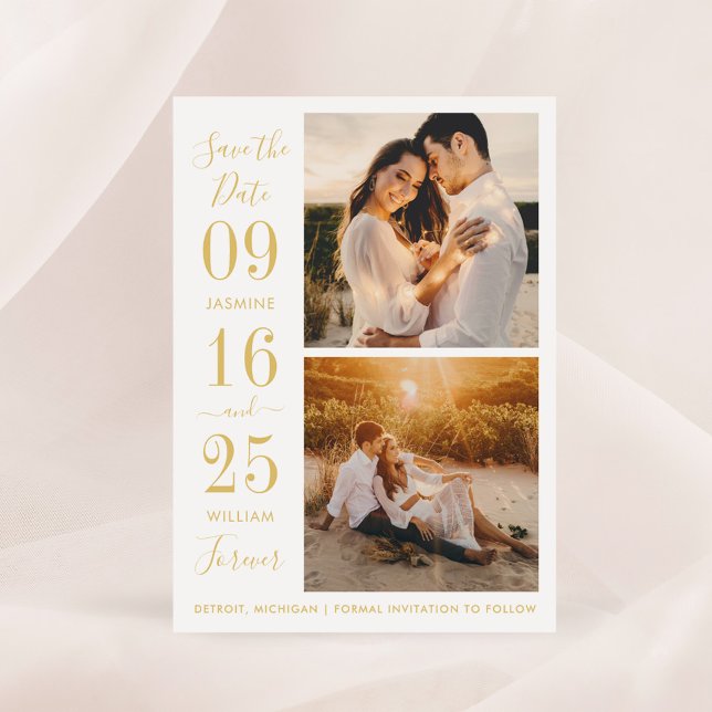 Gold Bold Date Two Photo Forever Wedding Save The Date (Creator Uploaded)