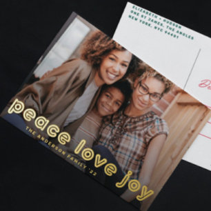 GOLD BOLD LINE PEACE LOVE JOY PHOTO christmas Foil Holiday Postcard