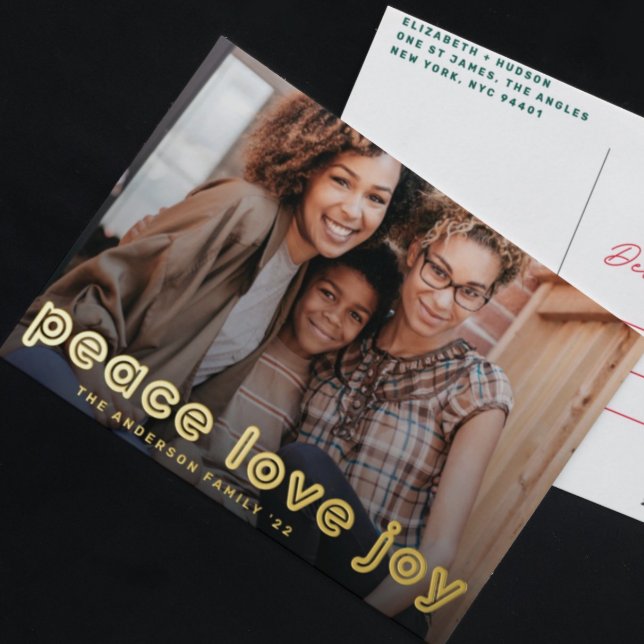 GOLD BOLD LINE PEACE LOVE JOY PHOTO christmas Foil Holiday Postcard (Creator Uploaded)