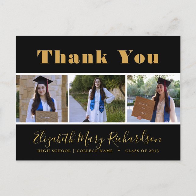 Gold Bold Script Modern 3 Photo Grad Thank You  Postcard (Front)