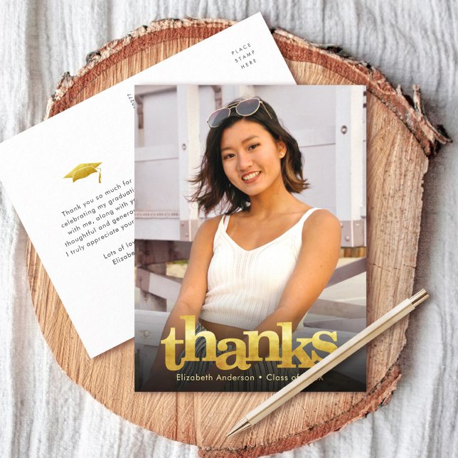 Gold bold typography graduation photo thank you postcard (Creator Uploaded)