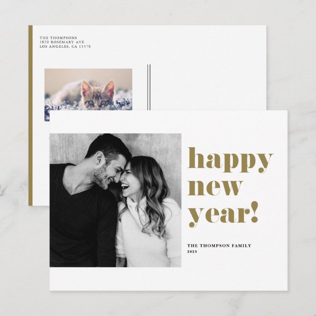 Gold Bold Typography Happy New Year Photo Holiday Postcard (Front/Back)