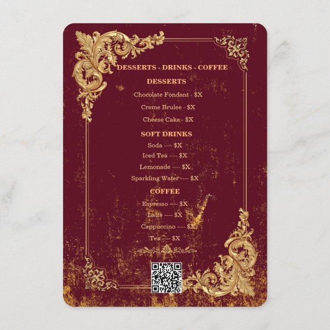 Gold Bordeaux Editable Menu with QR Code (Back)