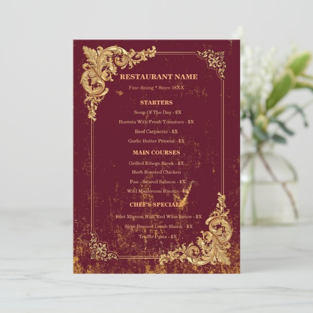 Gold Bordeaux Editable Menu with QR Code (Standing Front)