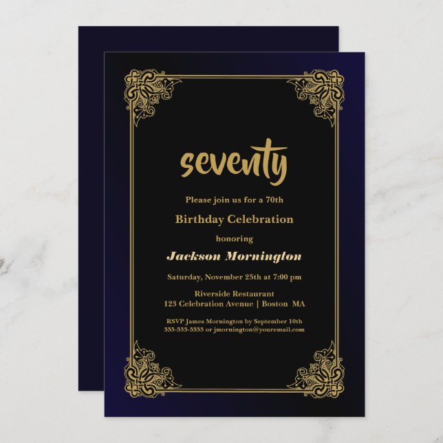 Gold Border 70th Birthday Party Invitation (Front/Back)