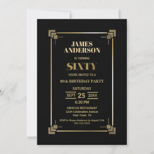 Gold Border Black 60th Birthday Party Invitation