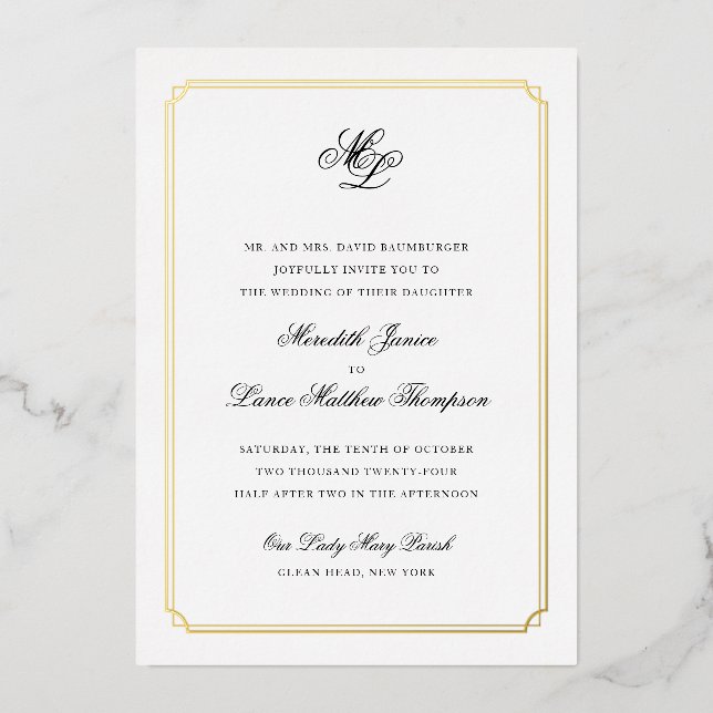 Gold Border Black and Gold Monogram Wedding Foil I (Front)