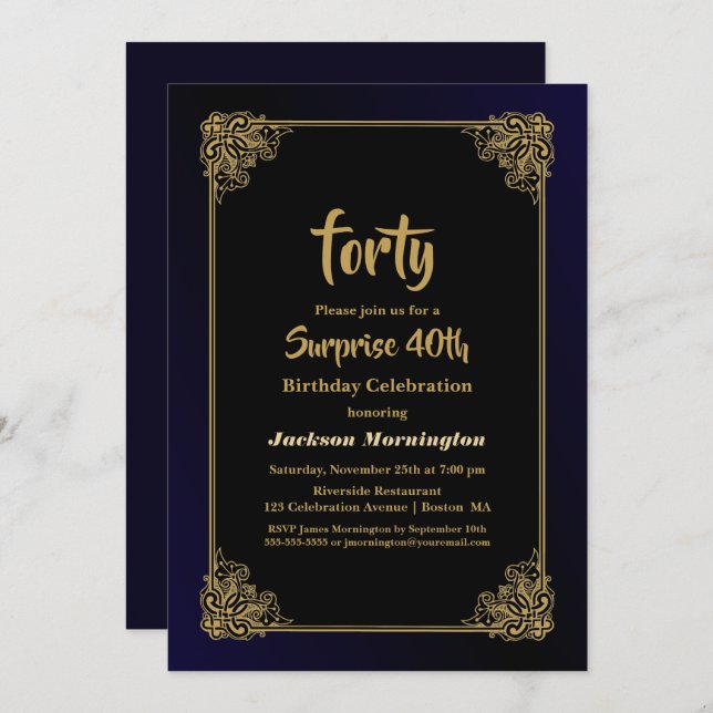 Gold Border Black Surprise 40th Birthday Party Invitation (Front/Back)