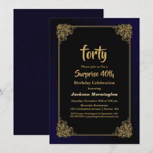 Gold Border Black Surprise 40th Birthday Party Invitation