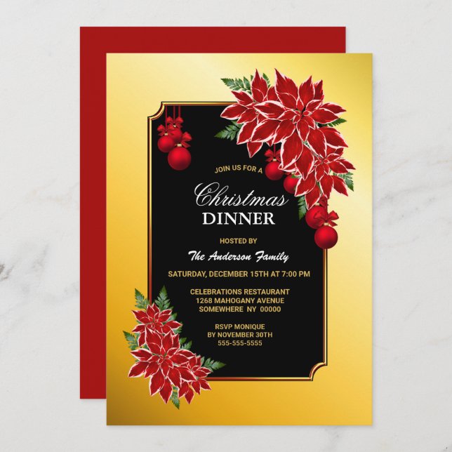 Gold Border Black with Poinsettia Christmas Dinner Invitation (Front/Back)