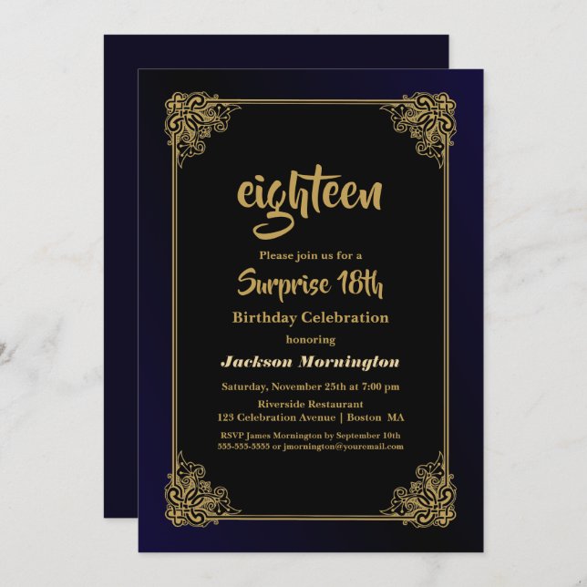 Gold Border Blue Surprise 18th Birthday Party Invitation (Front/Back)
