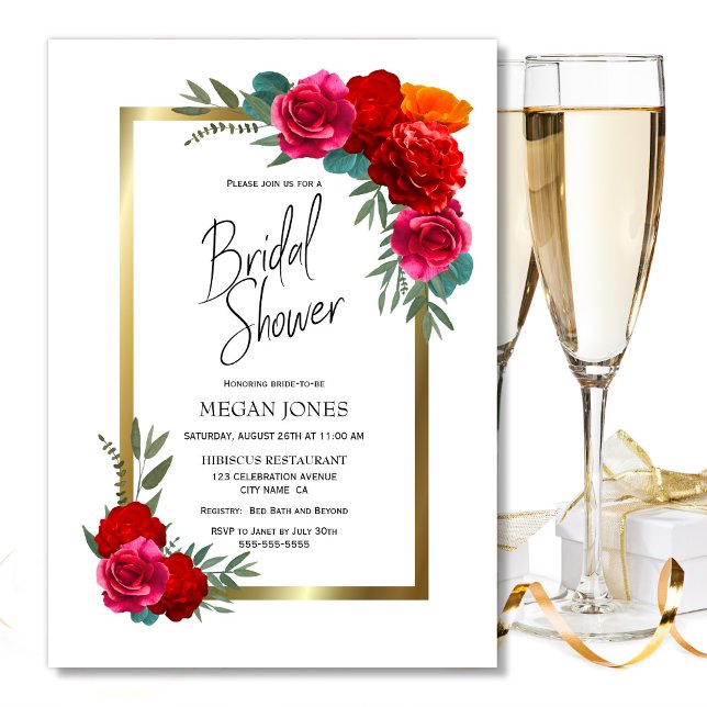 Gold Border Burgundy Red Pink Floral Bridal Shower Invitation (Creator Uploaded)