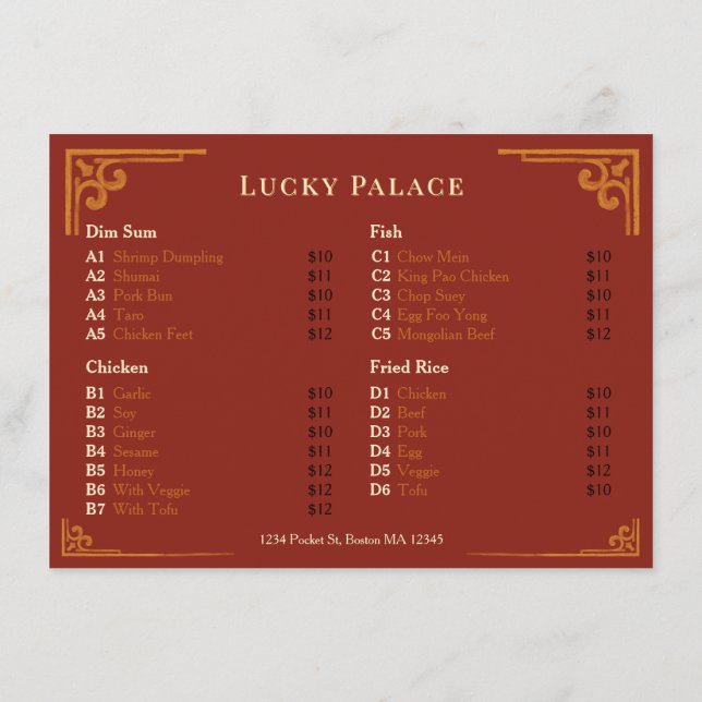 Gold Border Chinese Restaurant Red Flat Menu (Back)