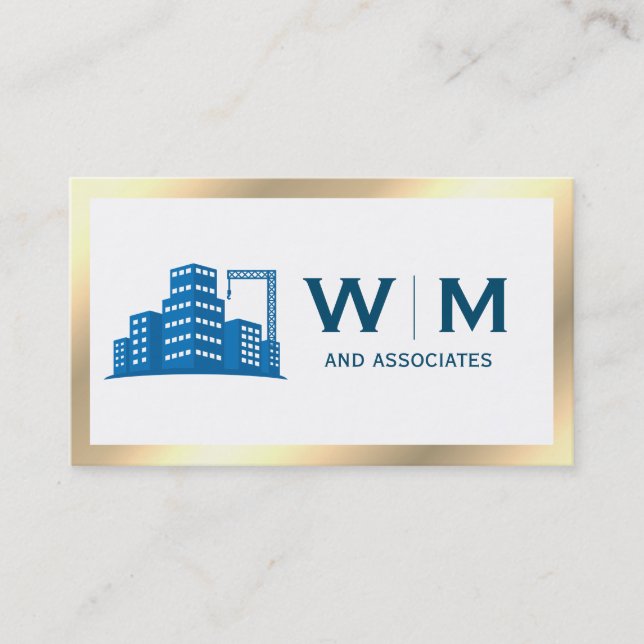 Gold Border Construction Monogram Business Card (Front)