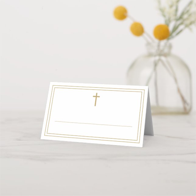 Gold Border Cross Baptism Confirmation Communion Place Card (Front)