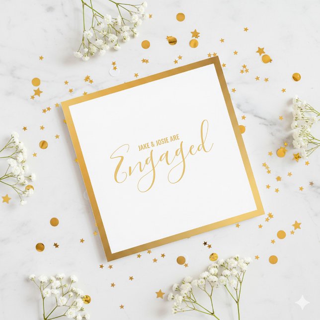 Gold border engagement party invitation (Gold border bright white elegant script engaged announcement card.)