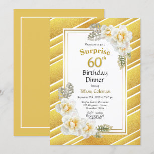 Gold Border Floral Surprise 60th Birthday Dinner Invitation