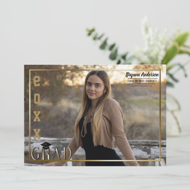 Gold Border Grad Graduation Photo Announcement (Standing Front)