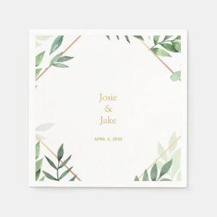 Gold border, green leaves Wedding names, reception Napkin