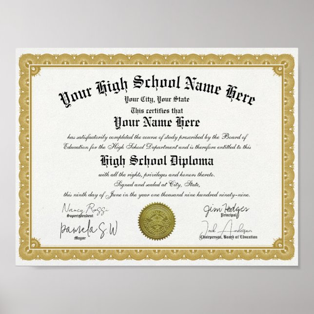 Gold Border High School Diploma Replica Poster (Front)