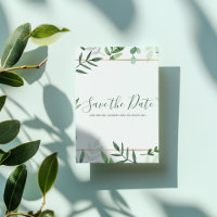 Gold border leafy green save the date card
