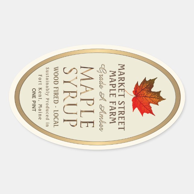 Gold Border Maple Syrup with Red Sugar Maple Leaf Oval Sticker (Front)