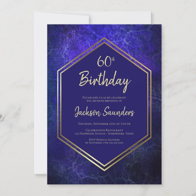 Gold Border Navy Blue Geometric 60th Birthday Invitation (Front)