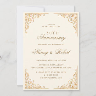 Gold Border Ornate Beige 50th Wedding Anniversary Invitation