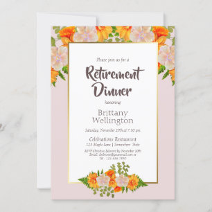 Gold Border Pink Orange Floral Retirement Dinner Invitation
