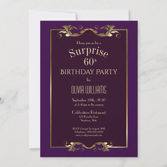 Gold Border Purple Surprise 60th Birthday Party Invitation (Front)