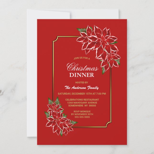 Gold Border Red Poinsettia Christmas Dinner Party Invitation (Front)