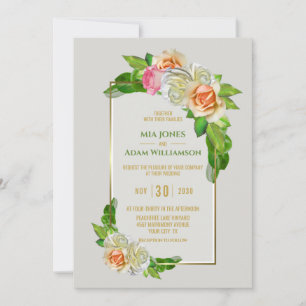 Gold Border Rose Floral Wedding Invitation