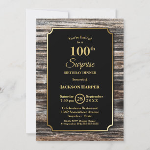 Gold Border Wood Surprise 100th Birthday Dinner Invitation